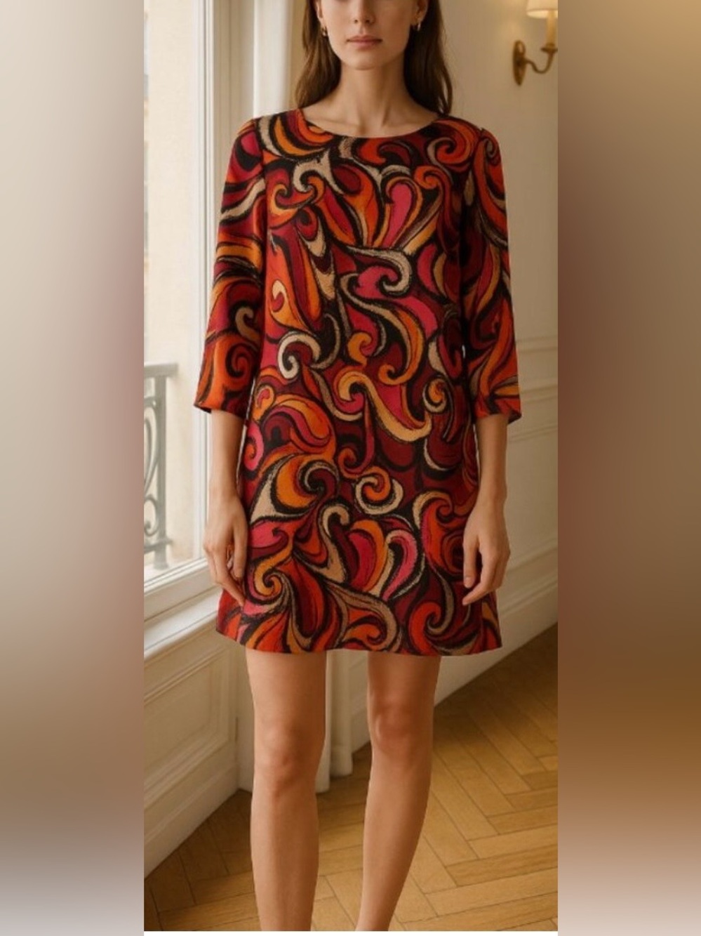 Maeve Anthropologie Flavia Swirl Abstract Print Shift Dress Red & Orange - Large
